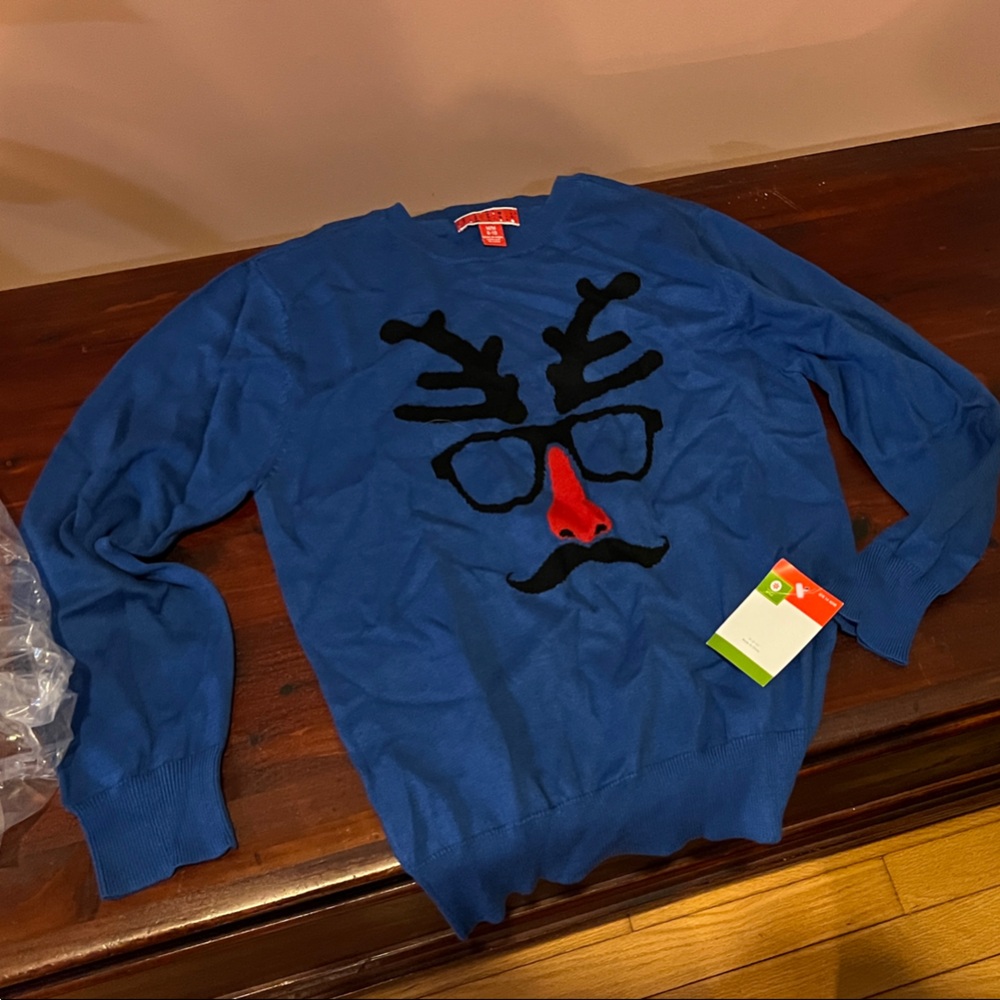 Blue Sweater with Reindeer Design